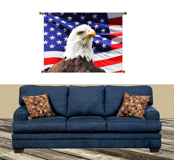 American Eagle and Flag Picture on Canvas Hung on Copper Rod, Ready to Hang, Wall Art Décor