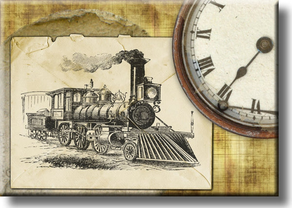 Old Vintage Clock and Train Picture on Stretched Canvas, Wall Art Décor, Ready to Hang