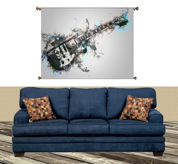 Electric Guitar Vintage Picture on Large Canvas Hung on Copper Rod, Ready to Hang, Wall Art Décor