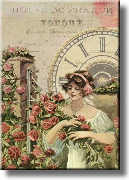 French Girl with Flowers Vintage Picture on Stretched Canvas, Wall Art Décor, Ready to Hang