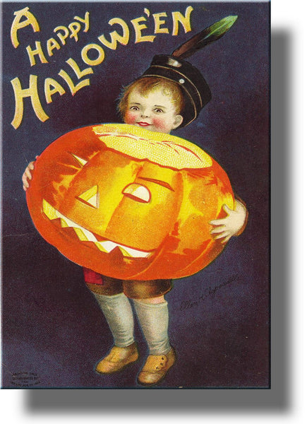 Boy Holding Jack-o'-Lantern Halloween Pumpkin Picture on Stretched Canvas Wall Art Décor, Ready to Hang!