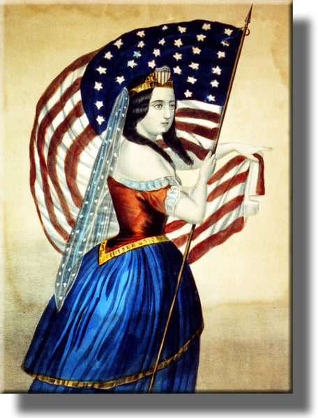 American Woman Holding Flag Picture on Stretched Canvas, Wall Art Décor, Ready to Hang!