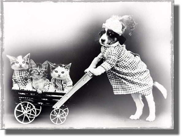 Dog Pushing Kittens in a Cart Picture on Stretched Canvas, Wall Art Decor Ready to Hang!.