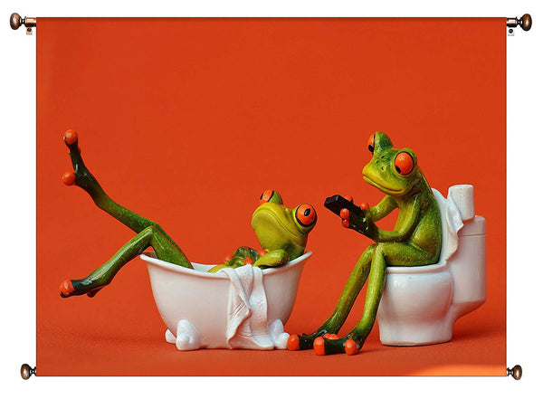 Frogs in Bathtub Bathroom Picture on Canvas Hung on Copper Rod, Ready to Hang, Wall Art Décor