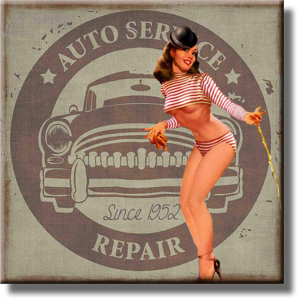 Auto Service Repair Pin Up Girl Picture on Stretched Canvas, Wall Art Décor, Ready to Hang