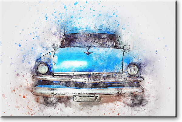 Vintage Blue Classic Car Picture on Stretched Canvas, Wall Art Décor, Ready to Hang