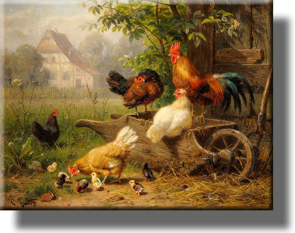 Chicken on Wheelbarrow Picture on Stretched Canvas, Wall Art Décor, Ready to Hang!