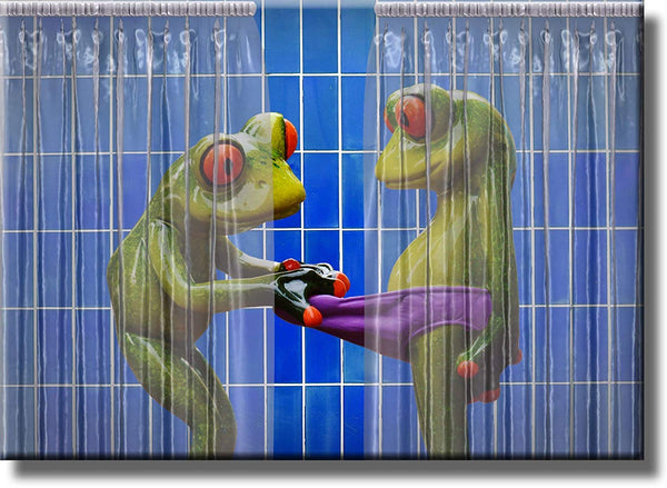 Frogs Peeking in Shower Blue Bathroom Picture on Stretched Canvas, Wall Art Décor, Ready to Hang