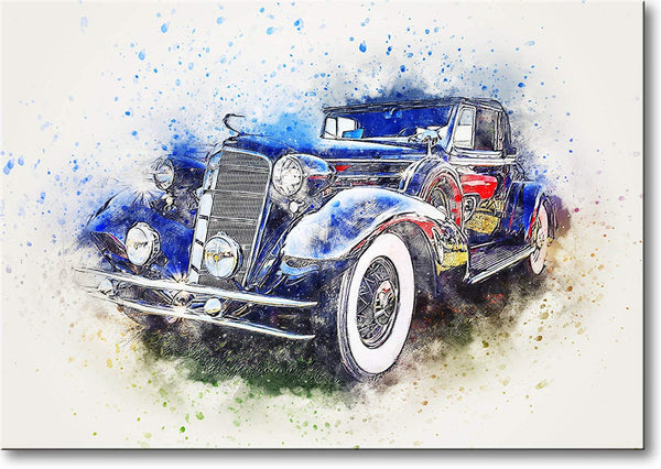 Antique Dark Blue Car Picture on Stretched Canvas, Wall Art Décor, Ready to Hang