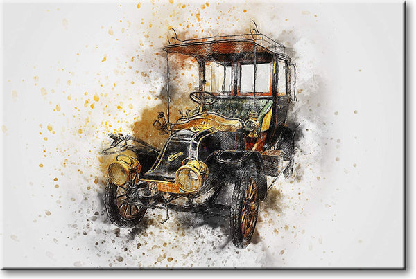 Antique Classic Car Drawing Picture on Stretched Canvas, Wall Art Décor, Ready to Hang