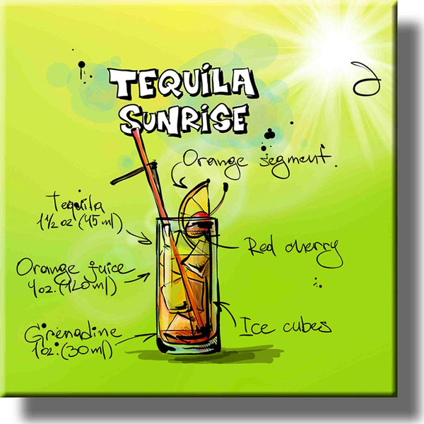 Tequila Sunrise Cocktail Recipe Picture on Stretched Canvas, Wall Art Decor, Ready to Hang!