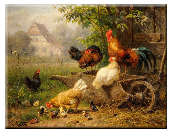 Chicken on Wheelbarrow Picture on Stretched Canvas, Wall Art Décor, Ready to Hang!
