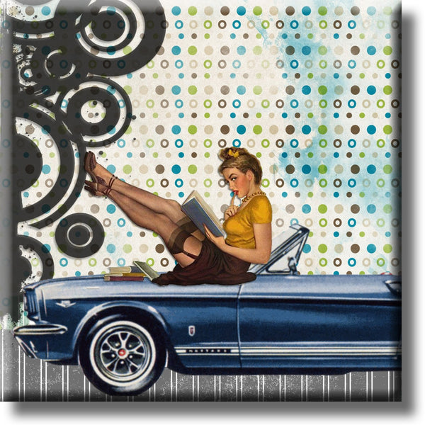 Pinup Girl Sitting on a Car Vintage Picture on Stretched Canvas, Wall Art Décor Ready to Hang