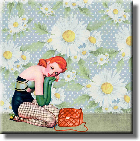 Vintage Woman Daisies Retro Picture on Stretched Canvas, Wall Art Décor, Ready to Hang
