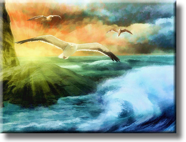 Seagulls Flying over Ocean Picture on Stretched Canvas, Wall Art Décor, Ready to Hang