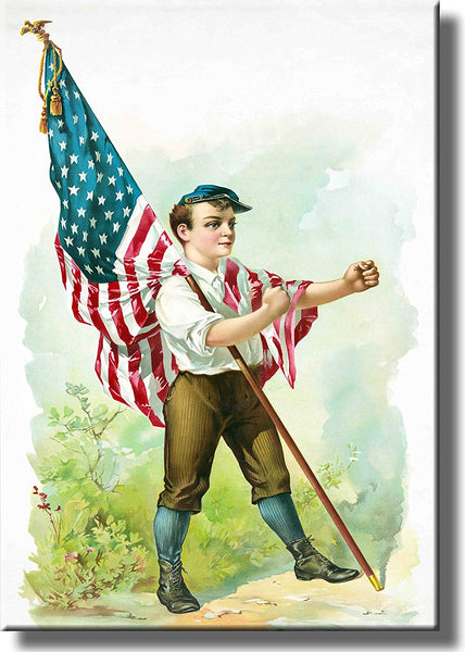 Boy Marching with American Flag Picture on Stretched Canvas, Wall Art Decor, Ready to Hang!