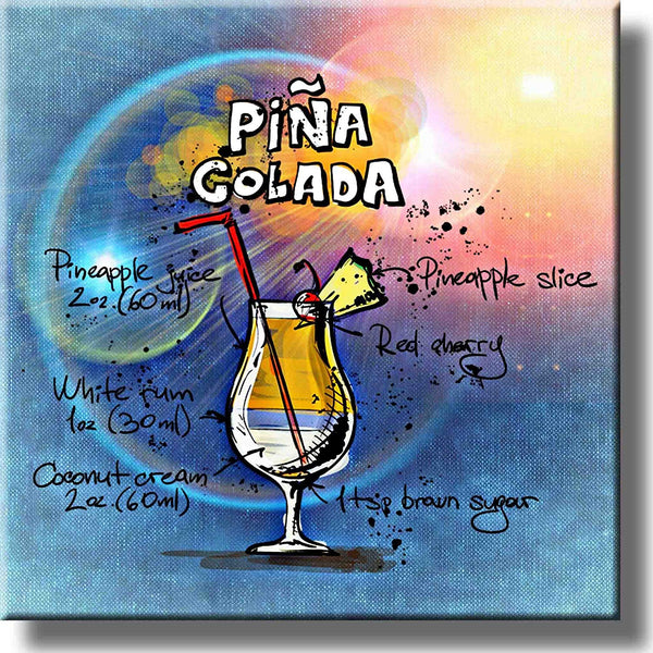 Pina Colada Cocktail Recipe Drink Picture on Stretched Canvas, Wall Art Decor, Ready to Hang!
