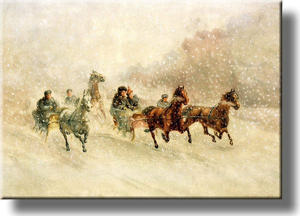 Horses Pulling Sleigh through Snow Picture on Stretched Canvas, Wall Art Décor, Ready to Hang!