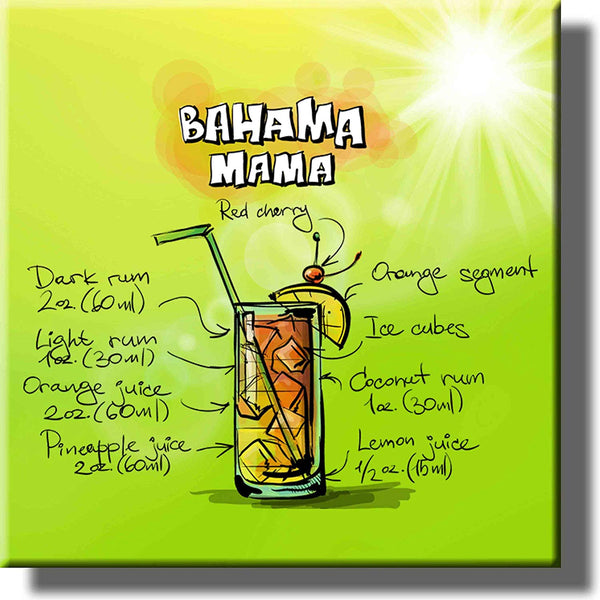 Bahama Mama Alcohol Drink Sun Recipe Picture on Stretched Canvas, Wall Art Decor, Ready to Hang!