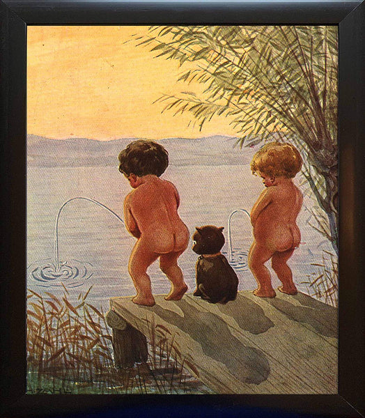 Boys by The Lake Distance Record Toilet Bathroom Picture Made on Stretched Canvas, Wall Art Decor Ready to Hang.