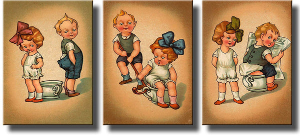 Boy and Girl Sharing Chamber Pot Potty Seat Bathroom 3 Panels Picture on Stretched Canvas, Wall Art Decor Ready to Hang!.