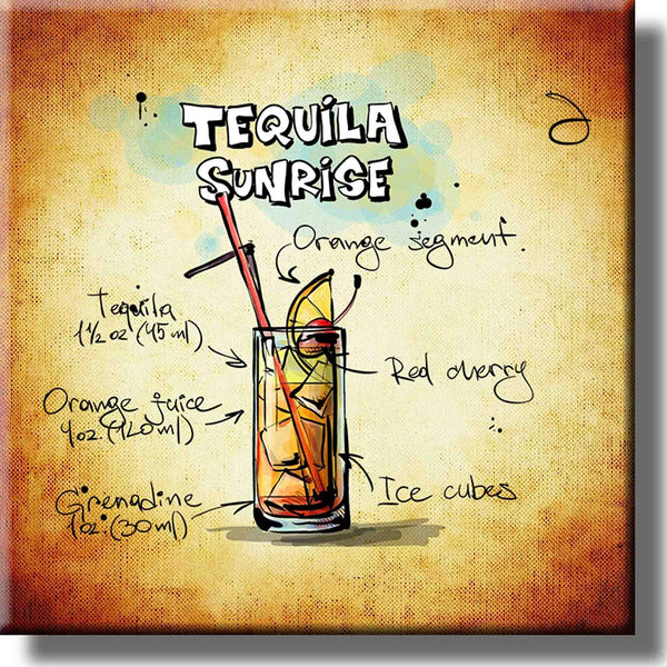 Tequila Sunrise Cocktail Recipe Picture on Stretched Canvas, Wall Art Decor, Ready to Hang!