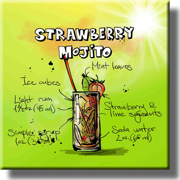 Strawberry Mojito Cocktail Recipe Picture on Stretched Canvas, Wall Art Decor, Ready to Hang!