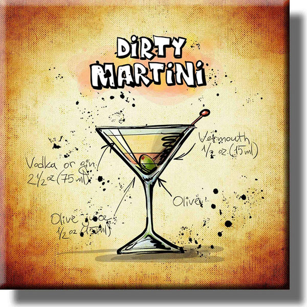 Dirty Martini Cocktail Recipe Drink Picture on Stretched Canvas, Wall Art Decor, Ready to Hang!