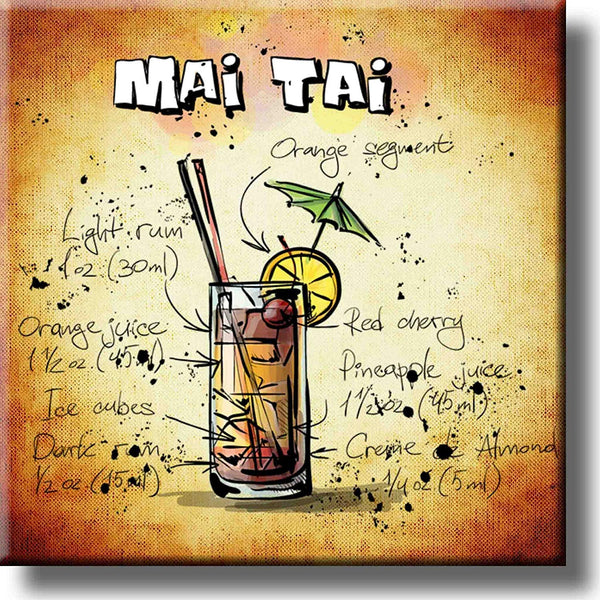 Mai Tai Cocktail Recipe Drink Picture on Stretched Canvas, Wall Art Decor, Ready to Hang!