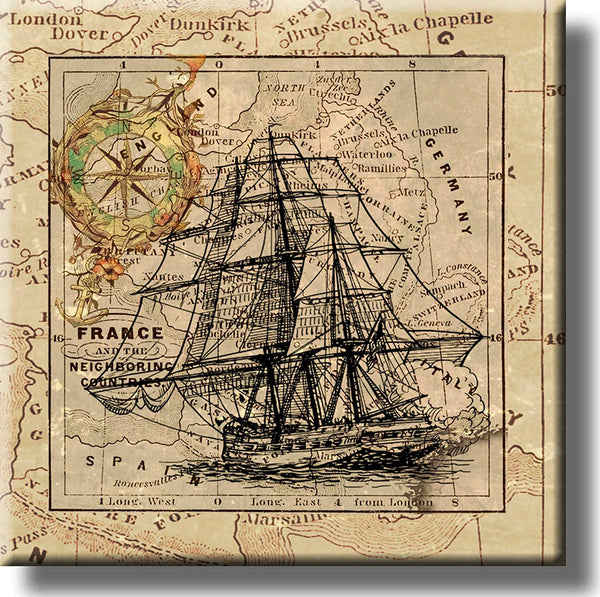 Sail Ship and Vintage Map Picture on Stretched Canvas, Wall Art Décor, Ready to Hang