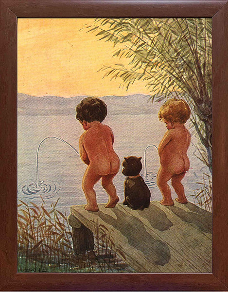 Boys by The Lake Distance Record Toilet Bathroom Picture Made on Stretched Canvas, Wall Art Decor Ready to Hang.