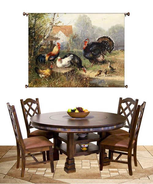 Chicken Rooster and Turkey Country Picture on Canvas Hung on Copper Rod, Ready to Hang, Wall Art Décor