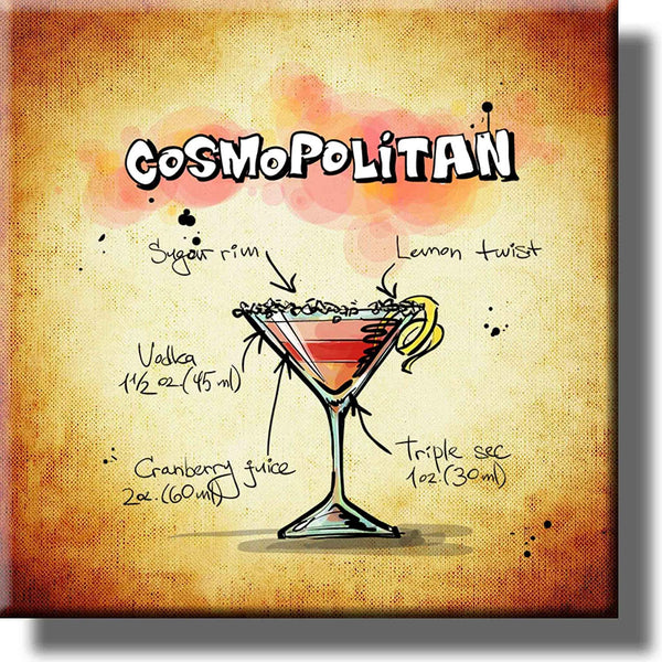 Cosmopolitan Cocktail Recipe Drink Picture on Stretched Canvas, Wall Art Decor, Ready to Hang!