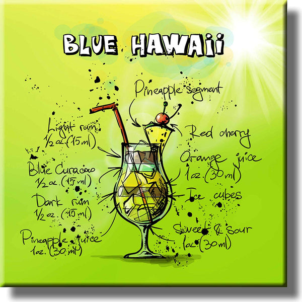 Blue Hawaii Recipe Drink Picture on Stretched Canvas, Wall Art Decor, Ready to Hang!