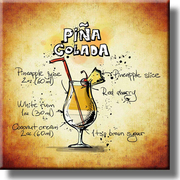 Pina Colada Cocktail Recipe Drink Picture on Stretched Canvas, Wall Art Decor, Ready to Hang!