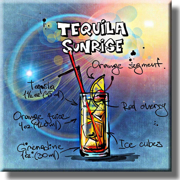 Tequila Sunrise Cocktail Recipe Picture on Stretched Canvas, Wall Art Decor, Ready to Hang!