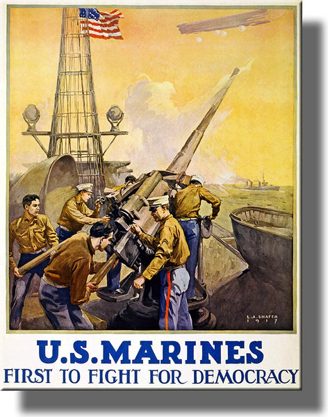 U.S. Marines, First to Fight for Democracy Vintage Picture on Stretched Canvas Wall Art Décor Framed Ready to Hang!