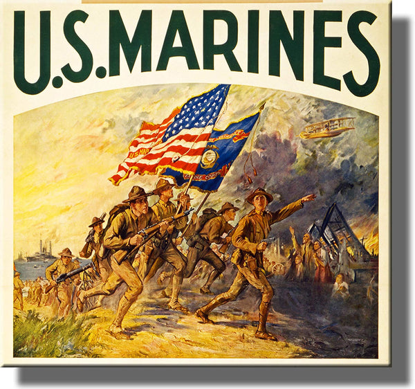 Vintage US Marines Charge Picture Made on Stretched Canvas Wall Art Decor Ready to Hang!.