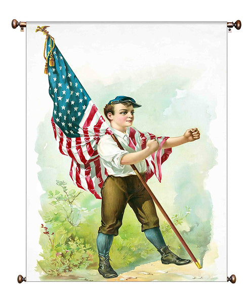 Boy Marching with American Flag Vintage Picture on Canvas Hung on Copper Rod, Ready to Hang, Wall Art Décor