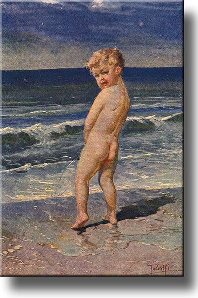 Boy Urinating Into the Sea Painting Bathroom Picture on Stretched Canvas, Wall Art Decor Ready to Hang!.