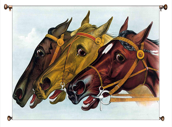 Neck to Neck Horse Race Picture on Canvas Hung on Copper Rod, Ready to Hang, Wall Art Décor