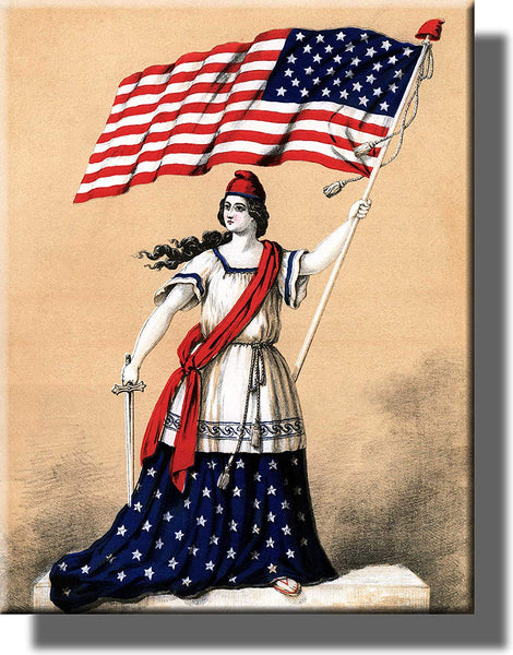 American Woman Holding American Flag Picture on Stretched Canvas Wall Art Décor Framed Ready to Hang!