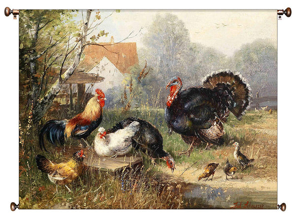 Chicken Rooster and Turkey Country Picture on Canvas Hung on Copper Rod, Ready to Hang, Wall Art Décor
