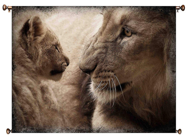 Lion and Cub Picture on Canvas Hung on Copper Rod, Ready to Hang, Wall Art Décor