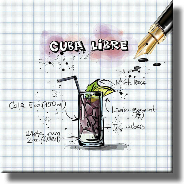Cuba Libre Cocktail Recipe Drink Picture on Stretched Canvas, Wall Art Decor, Ready to Hang!