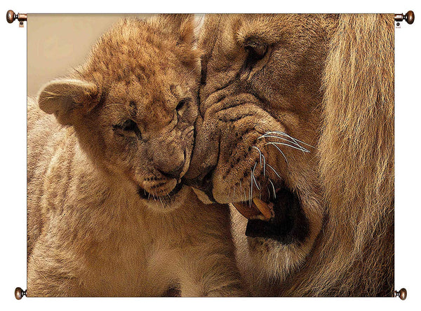 Lion and Cub Playing Picture on Canvas Hung on Copper Rod, Ready to Hang, Wall Art Décor