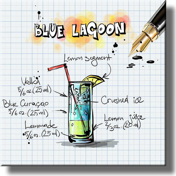 Blue Lagoon Recipe Drink Picture on Stretched Canvas, Wall Art Decor, Ready to Hang!