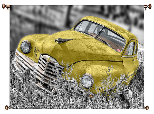 Old Timer Yellow Car Vintage Picture on Large Canvas Hung on Copper Rod, Ready to Hang, Wall Art Décor