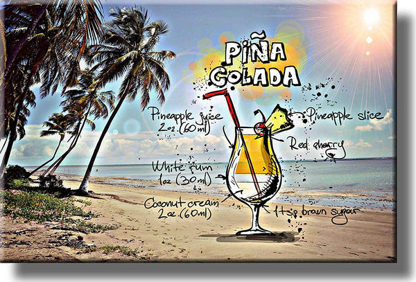 Pina Colada Cocktail Recipe Drink Picture on Stretched Canvas, Wall Art Decor, Ready to Hang!