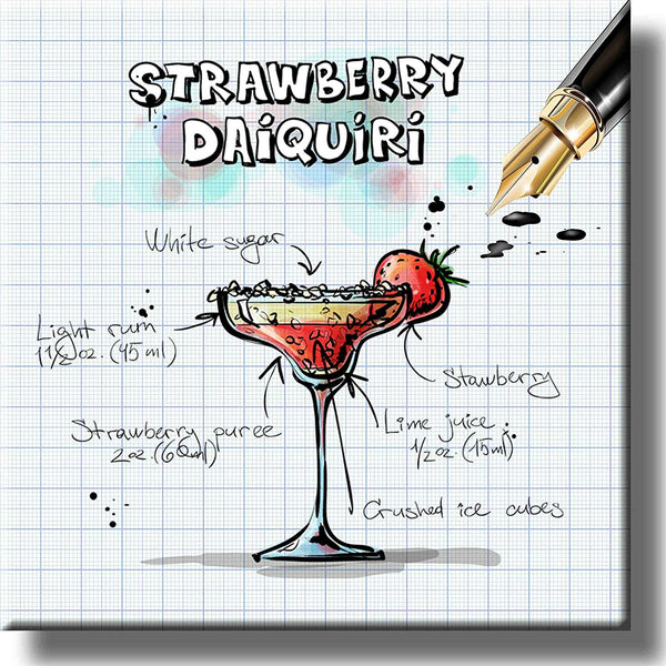 Strawberry Daiquiri Cocktail Recipe Picture on Stretched Canvas, Wall Art Decor, Ready to Hang!